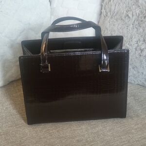BURBERRY Check Pattern HandBag Dark Brown Enamel..w/COA.